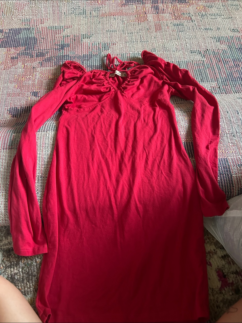 Liberty Love Red Long-Sleeve V-Neck Gathered Dress